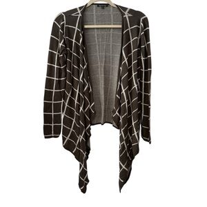 Pink Clover Small Green White Windowpane Open Front Waterfall Cardigan Sweater